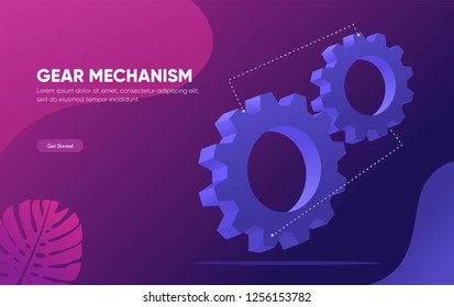 3d isometric gear mechanica vector illustration concept, people solved the problem with teamwork, 
can be used for, landing page, template, ui, web, mobile app, poster, banner, flyer
