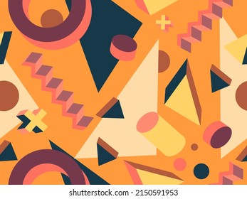 3d isometric geometric shapes seamless pattern. Memphis geometry elements in 80s style. Design for promotional products, wrapping paper and printing. Vector illustration