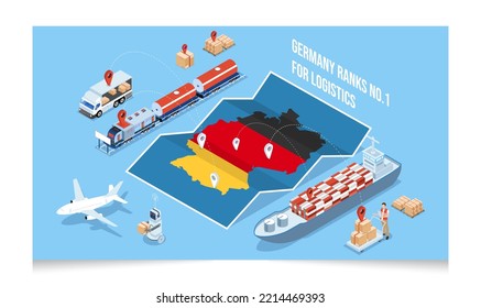 3D isometric Germany Logistics concept with Global Logistics, Warehouse Logistics, Sea Freight Logistics,  Export, Import, Cargo, Air, Road, Maritime delivery. Vector illustration eps10