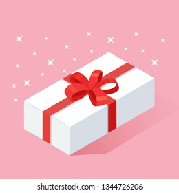 3d isometric gift box, present with ribbon, bow isolated on background. Christmas shopping concept. Surprise for anniversary, birthday, wedding. Vector cartoon design