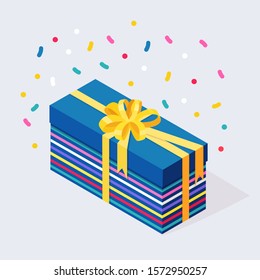  3D isometrische Geschenkbox, präsentiert mit Band, Bogen, festliche Flaggen einzeln auf weißem Hintergrund. Weihnachtsverkauf. Weihnachtsshopping Konzept. Überraschung zum Jubiläum, Geburtstag, Hochzeit. Vektorgrafik-Design