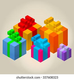 3d isometric gift boxes vector pixel art