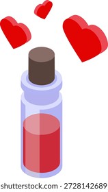 Botella de poción de vidrio isométrica 3D con líquido rojo y corazones flotantes ilustración para el activo del juego del día de San Valentín