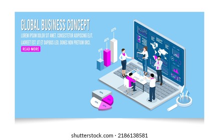 3D isometric Global Business concept with office workers process a business strategy or financial goal. Vector illustration eps10
