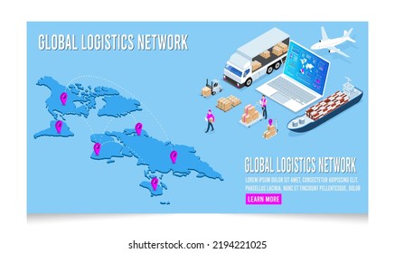 3D concepto de red logística global isométrica con transporte, exportación, importación, carga y más. 
Fácil de editar y personalizar. Ilustración del vector EPS 10