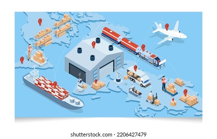 3D isometric Global logistics network concept with Transportation operation service, Export, Import, Cargo, Air, Road, Maritime delivery. Vector illustration EPS 10