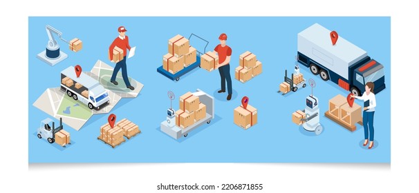 3D isometric Global logistics network concept with Transportation operation service, Export, Import, Cargo, Air, Road, Maritime delivery. Vector illustration EPS 10