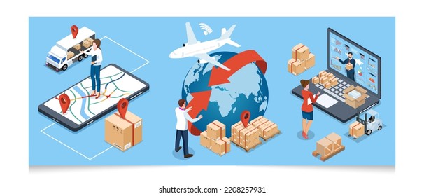 3D isometric Global logistics network concept with Transportation operation service, Export, Import, Cargo, Air, Road, Maritime delivery. Vector illustration EPS 10