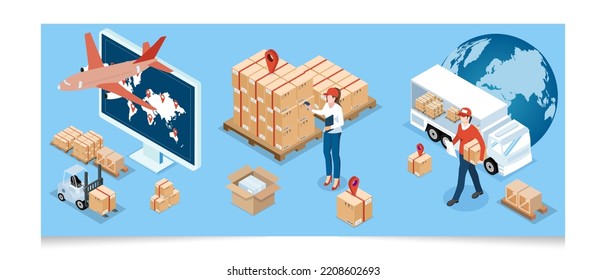 3D isometric Global logistics network concept with Transportation operation service, Export, Import, Cargo, Air, Road, Maritime delivery. Vector illustration EPS 10