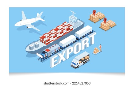 3D concepto de red logística global isométrica con exportación, importación, servicio de operación de transporte, carga, aire, carretera, entrega marítima. Ilustración del vector EPS 10