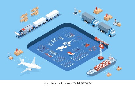 3D concepto de red logística global isométrica con servicio de operación de transporte, exportación, importación, carga, aire, carretera, entrega marítima. Ilustración del vector EPS 10