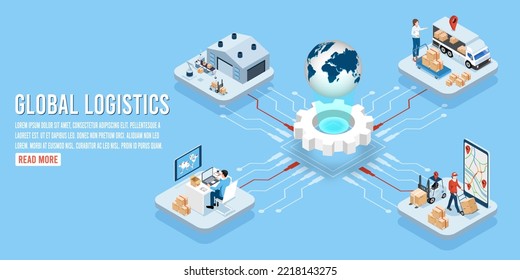 3D isometrisches globales Logistiknetz Konzept mit Transportbetrieb Service, Export, Import, Cargo, Luft, Straße, Seetransport. Vektorgrafik EPS10