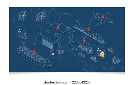 3D isometric Global logistics network concept with Transportation operation service, Export, Import, Cargo, Air, Road, Maritime delivery. Vector illustration EPS 10