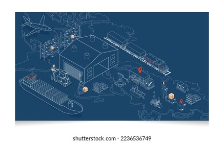 3D isometrisches globales Logistiknetz Konzept mit Transportbetrieb Service, Export, Import, Cargo, Luft, Straße, Seetransport. Vektorgrafik EPS10