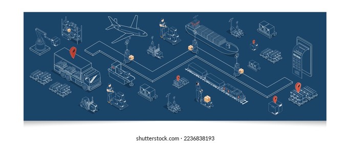 3D isometric Global logistics network concept with Transportation operation service, Export, Import, Cargo, Air, Road, Maritime delivery. Vector illustration EPS 10