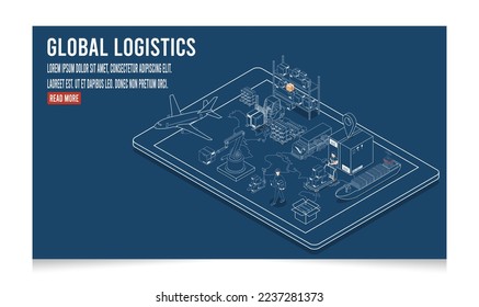 3D isometrisches globales Logistiknetz Konzept mit Transportbetrieb Service, Export, Import, Cargo, Luft, Straße, Seetransport. Vektorgrafik EPS10