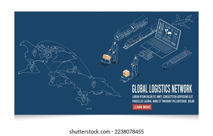 3D isometric Global logistics network concept with Transportation operation service, Export, Import, Cargo, Air, Road, Maritime delivery. Vector illustration EPS 10