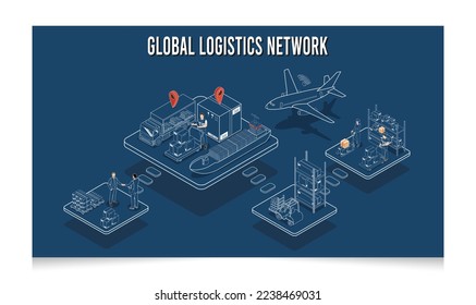 3D isometrisches globales Logistiknetz Konzept mit Transportbetrieb Service, Export, Import, Cargo, Luft, Straße, Seetransport. Vektorgrafik EPS10