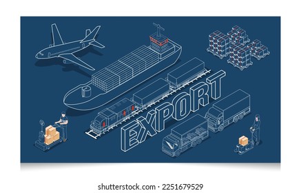 3D isometrisches globales Logistiknetzkonzept mit Transportbetrieb Service, Supply Chain Management - SCM, Logistik Prozesse. Vektorgrafik EPS10