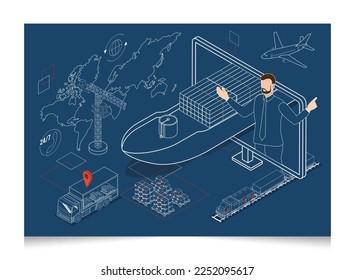 3D concepto de red logística global isométrica con servicio de operación de transporte, gestión de cadena de suministro - SCM, procesos de logística de empresa. Ilustración del vector EPS 10