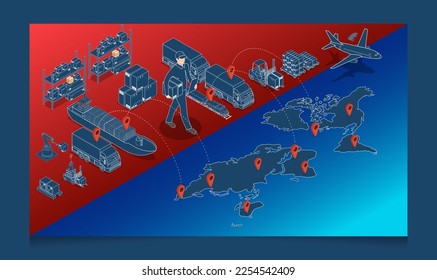 3D isometrisches globales Logistiknetzkonzept mit Transportbetrieb Service, Supply Chain Management - SCM, Logistik Prozesse. Vektorgrafik EPS10
