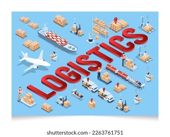 3D concepto de red logística global isométrica con servicio de operación de transporte, gestión de cadena de suministro - SCM, procesos de logística de empresa. Ilustración del vector EPS 10