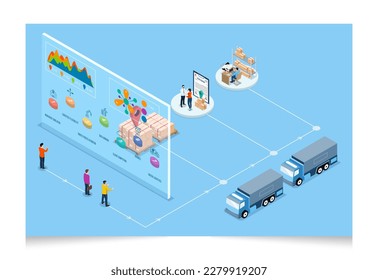 3D isometric Global logistics network concept with Transportation operation service, Supply Chain Management - SCM, Company Logistics Processes. Vector illustration EPS 10