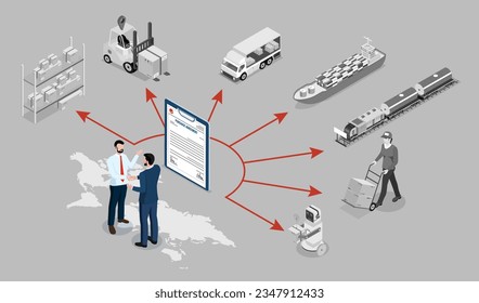 3D isometric Global logistics network concept with Transportation operation service, Supply Chain Management - SCM, Company Logistics Processes. Vector illustration EPS 10