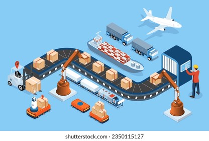 3D isometric Global logistics network concept with Transportation operation service, Supply Chain Management - SCM, Company Logistics Processes. Vector illustration EPS 10