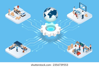 3D isometric Global logistics network concept with Transportation operation service, Supply Chain Management - SCM, Company Logistics Processes. Vector illustration EPS 10