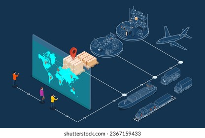 3D isometric Global logistics network concept with Transportation operation service, Export, Import, Cargo, Air, Road, Maritime delivery. Vector illustration EPS 10