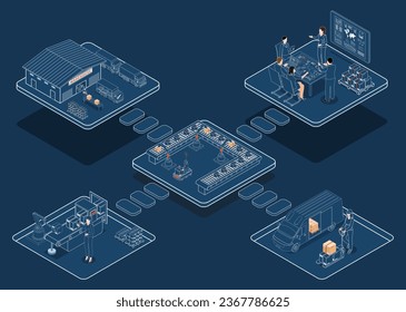 3D isometric Global logistics network concept with Transportation operation service, Supply Chain Management - SCM, Company Logistics Processes. Vector illustration EPS 10