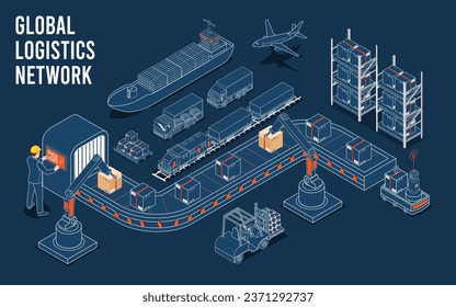 3D concepto de red logística global isométrica con servicio de operación de transporte, gestión de cadena de suministro - SCM, procesos de logística de empresa. Ilustración del vector EPS 10