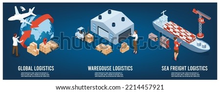 3D isometric Global logistics network concept with Transportation operation service, Export, Import, Cargo, Air, Road, Maritime delivery. Vector illustration EPS 10