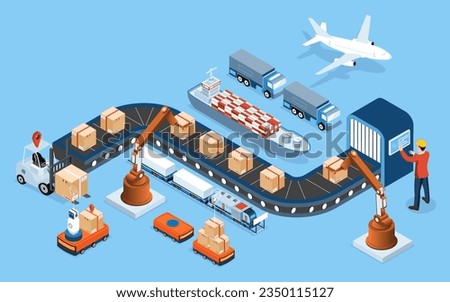 3D isometric Global logistics network concept with Transportation operation service, Supply Chain Management - SCM, Company Logistics Processes. Vector illustration EPS 10