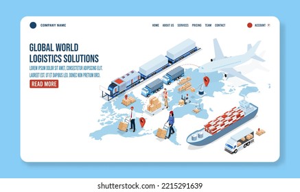 3D isometric Global logistics solutions landing page concept with Smart Logistics, Business logistics, Warehouse Logistic, Online delivery, Export and Import. Vector illustration sps10