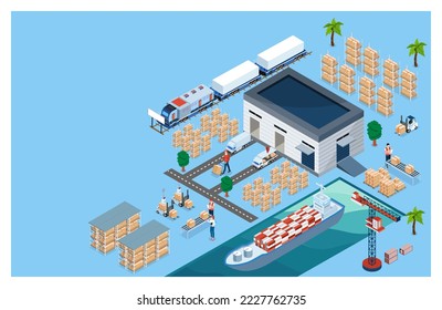 3D isométrico Concepto de página de inicio de soluciones logísticas globales con Smart Logistics, Business Logistics, Warehouse Logistic, entrega en línea, exportación e importación. Ilustración vectorial sps10