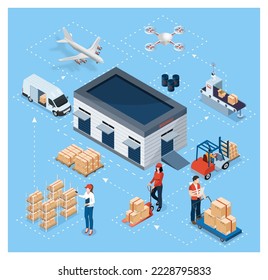 3D isometric Global logistics solutions concept with Smart Logistics, Business logistics, Warehouse Logistic, Online delivery, Export and Import. Vector illustration eps10