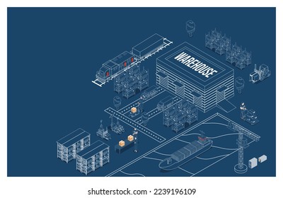 3D isometrisches globales Logistiklösungen-Konzept mit Smart Logistics, Business Logistics, Warehouse Logistic, Online-Lieferung, Export und Import. Vektorgrafik eps10