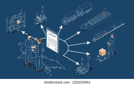 3D isometric Global logistics solutions concept with Smart Logistics, Business logistics, Warehouse Logistic, Online delivery, Export and Import. Vector illustration sps10