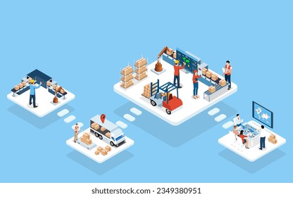 3D isometric Global logistics solutions concept with Smart Logistics, Business logistics, Warehouse Logistic, Online delivery, Export and Import. Vector illustration sps10