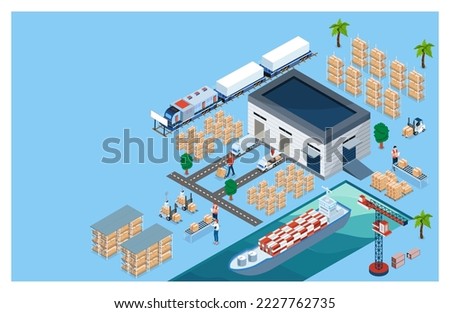 3D isometric Global logistics solutions landing page concept with Smart Logistics, Business logistics, Warehouse Logistic, Online delivery, Export and Import. Vector illustration sps10