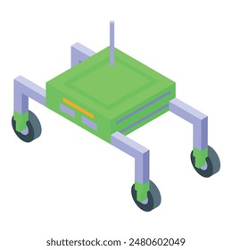 3d isometric graphic of a fourlegged robot with wheels, rendered in modern, bright green tones