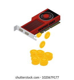 3d isometric graphics card online mining bitcoin concept. Golden coin with Bitcoin symbol  