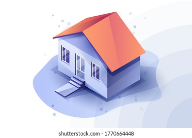 3d isometric house in blue color scheme. Blue tones in house. Red roof of the house.