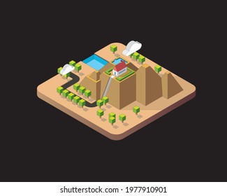 3D isometric of house on top of mountain view 