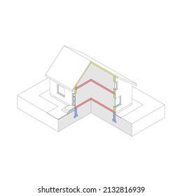 3D isometric house wireframe with  marked elements