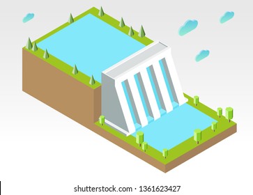 3d isometric hydroelectric power station with water, trees and clouds. Vector icon or illustration.