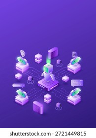 Ilustración isométrica 3D de un sistema de IA con robots que colaboran en tareas de codificación y seguridad de automatización de redes