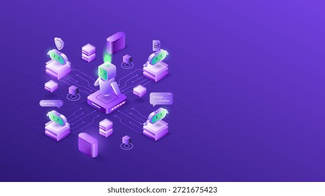 Ilustração isométrica 3D de um sistema de IA agêntica com robôs colaborando na codificação de automação de rede e tarefas de segurança